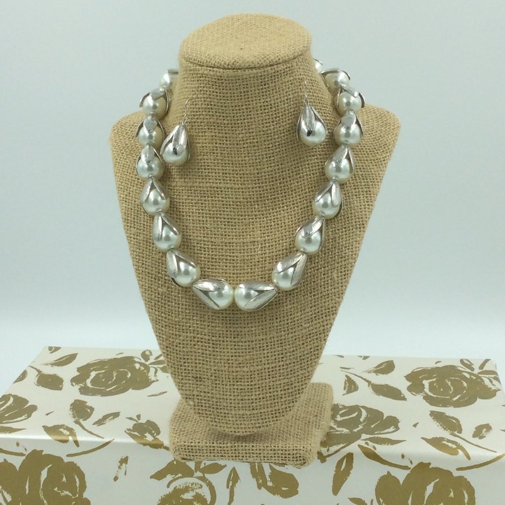 Costume Jewelry Faux Pearl & Silver Tone Earring & Necklace
